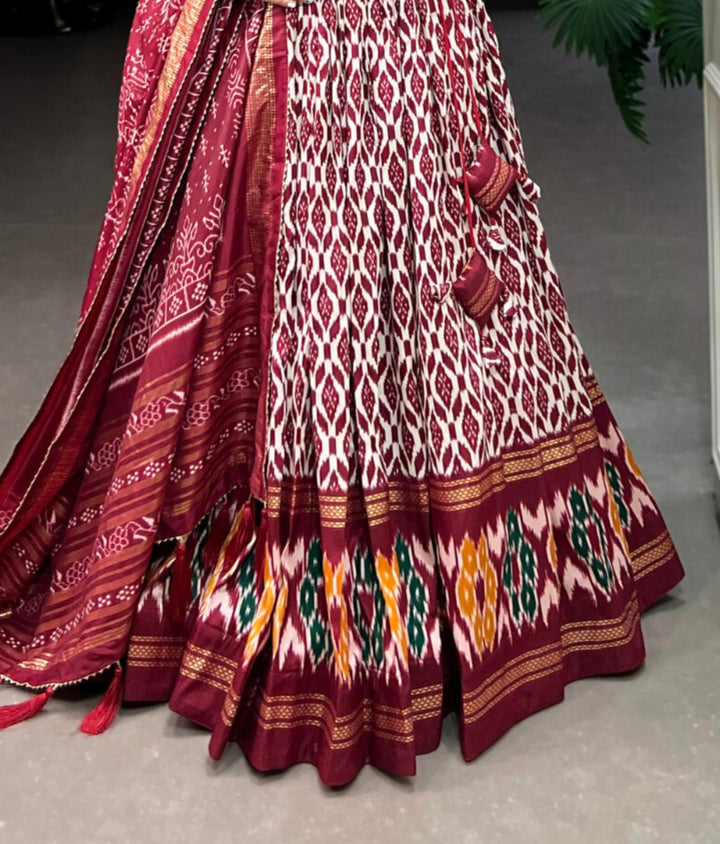 Maroon Tussar Silk Ikkat Print With Foil Work Lehenga Choli