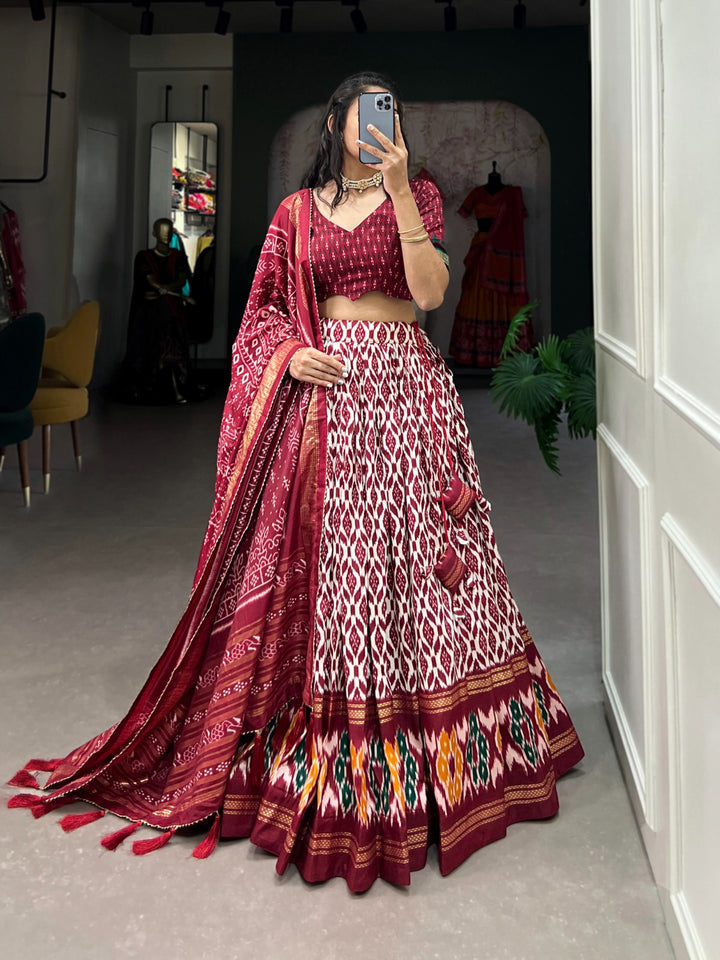 Maroon Tussar Silk Ikkat Print With Foil Work Lehenga Choli