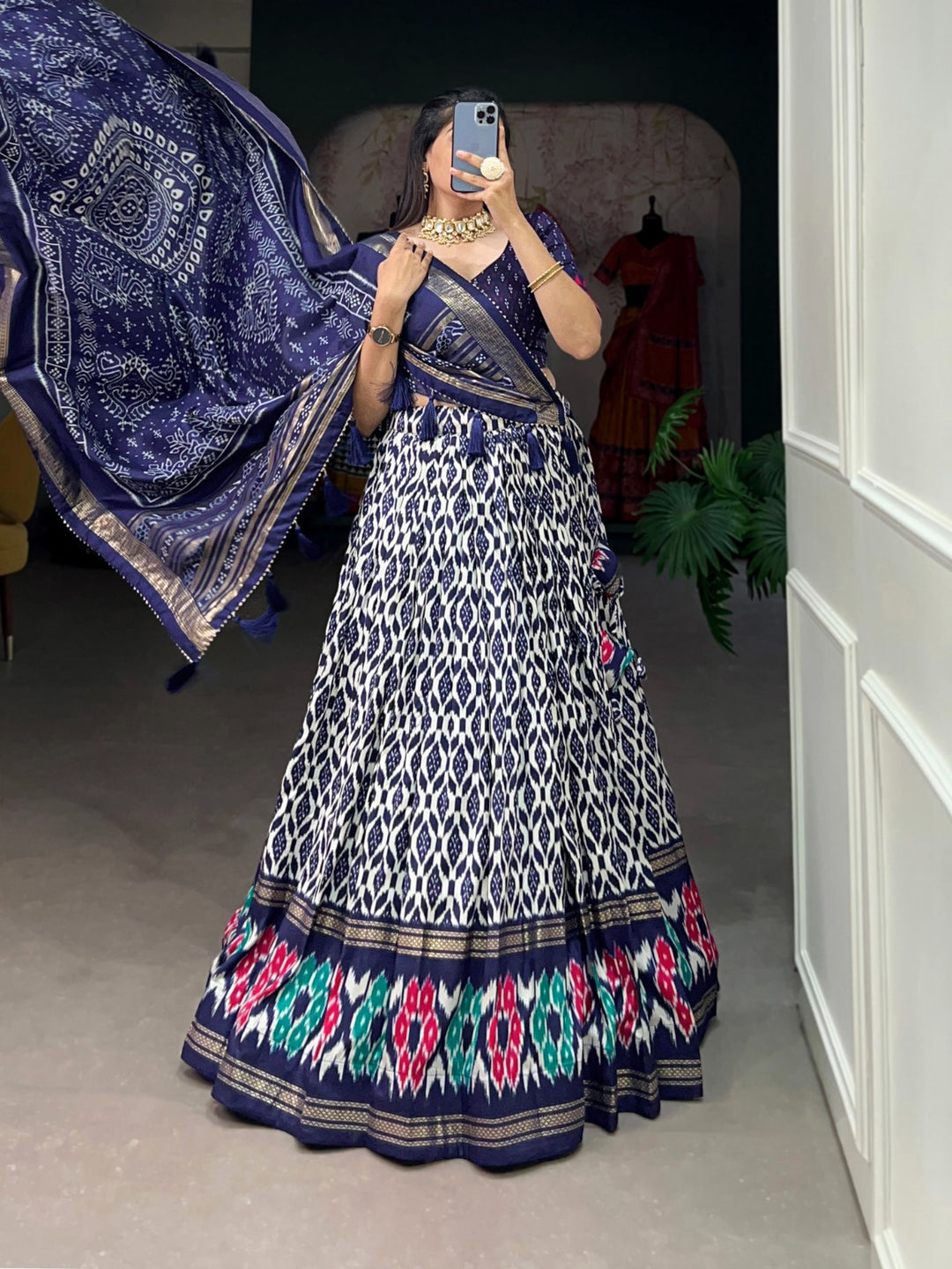 Navy Blue Tussar Silk Ikkat Print With Foil Work Lehenga