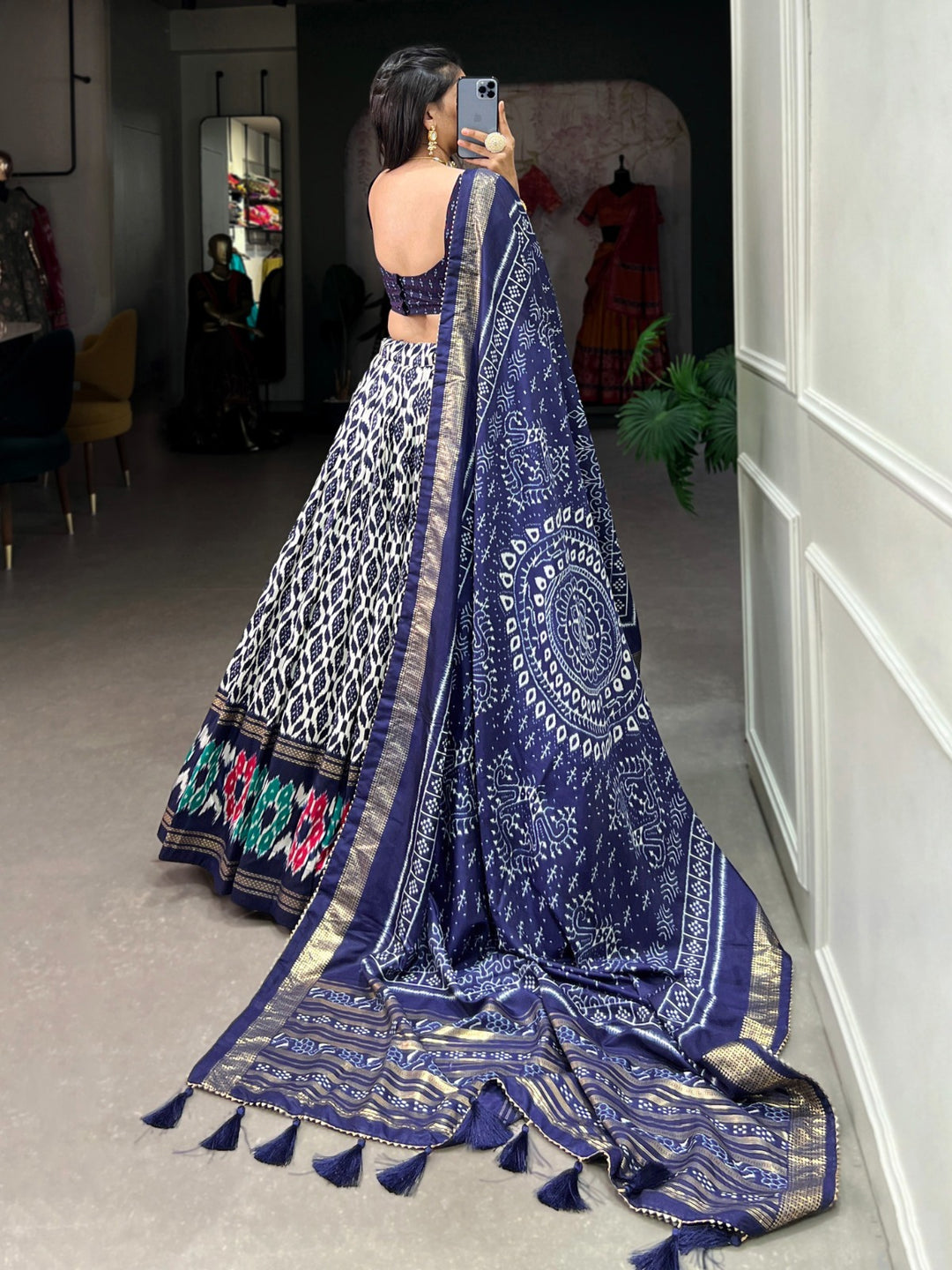 Navy Blue Tussar Silk Ikkat Print With Foil Work Lehenga