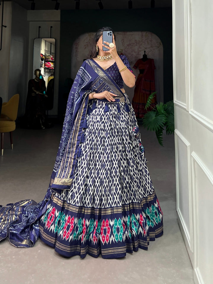 Navy Blue Tussar Silk Ikkat Print With Foil Work Lehenga