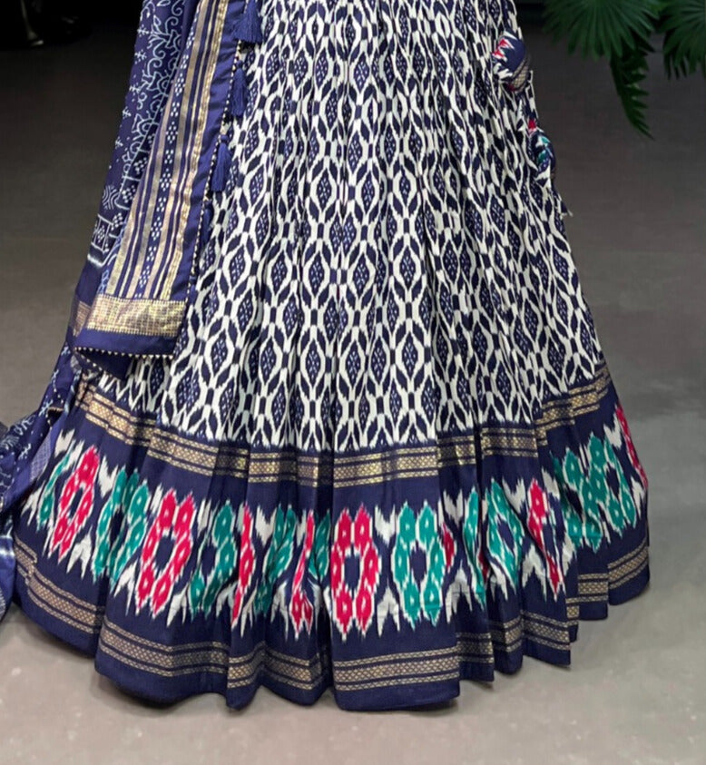 Navy Blue Tussar Silk Ikkat Print With Foil Work Lehenga Choli