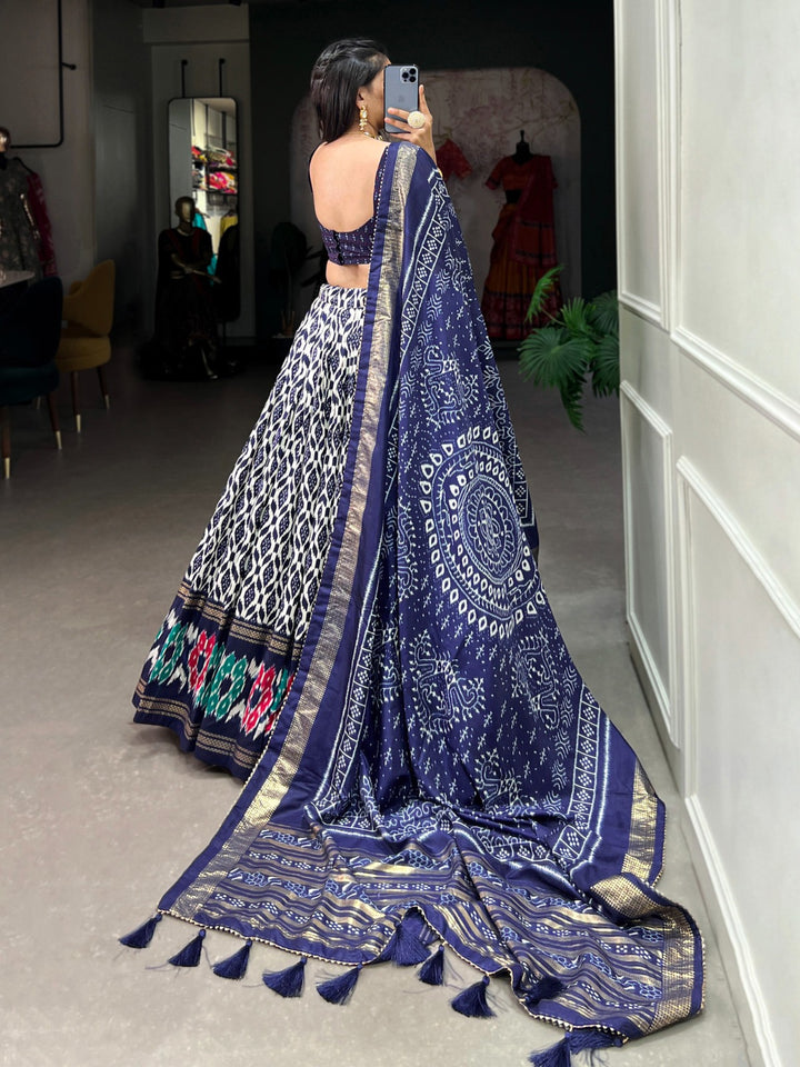 Navy Blue Tussar Silk Ikkat Print With Foil Work Lehenga Choli