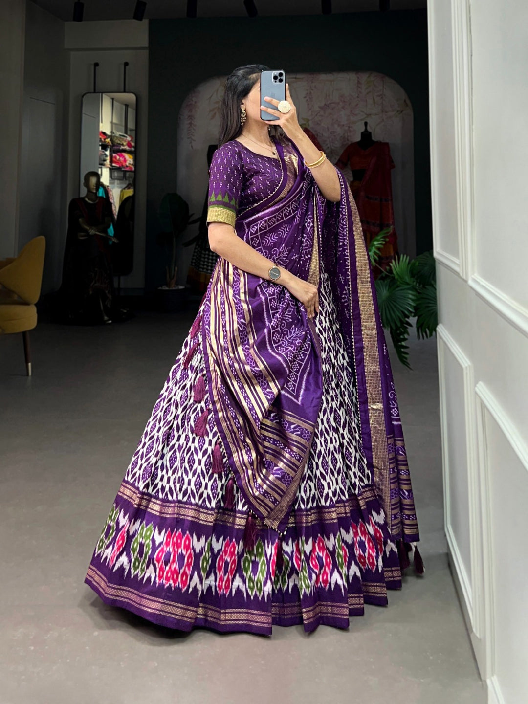 Purple Tussar Silk Ikkat Print With Foil Work Lehenga