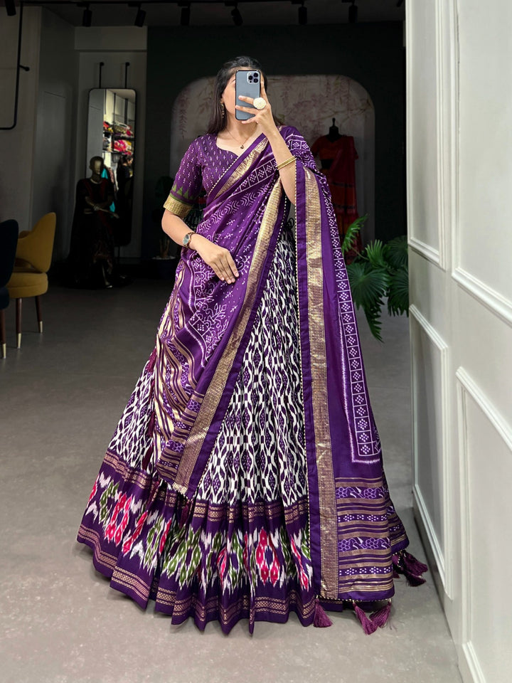 Purple Tussar Silk Ikkat Print With Foil Work Lehenga