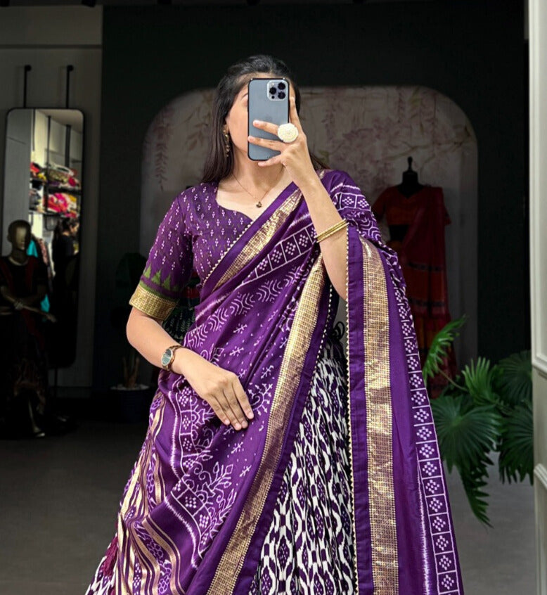 Purple Tussar Silk Ikkat Print With Foil Work Lehenga Choli