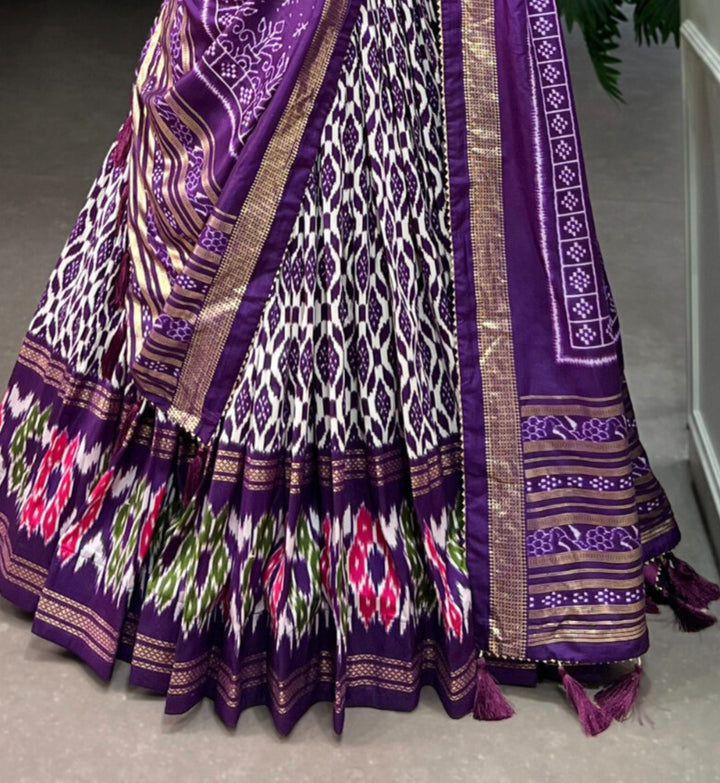 Purple Tussar Silk Ikkat Print With Foil Work Lehenga Choli