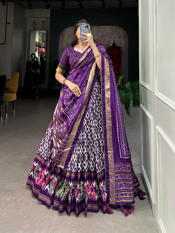 Purple Tussar Silk Ikkat Print With Foil Work Lehenga Choli