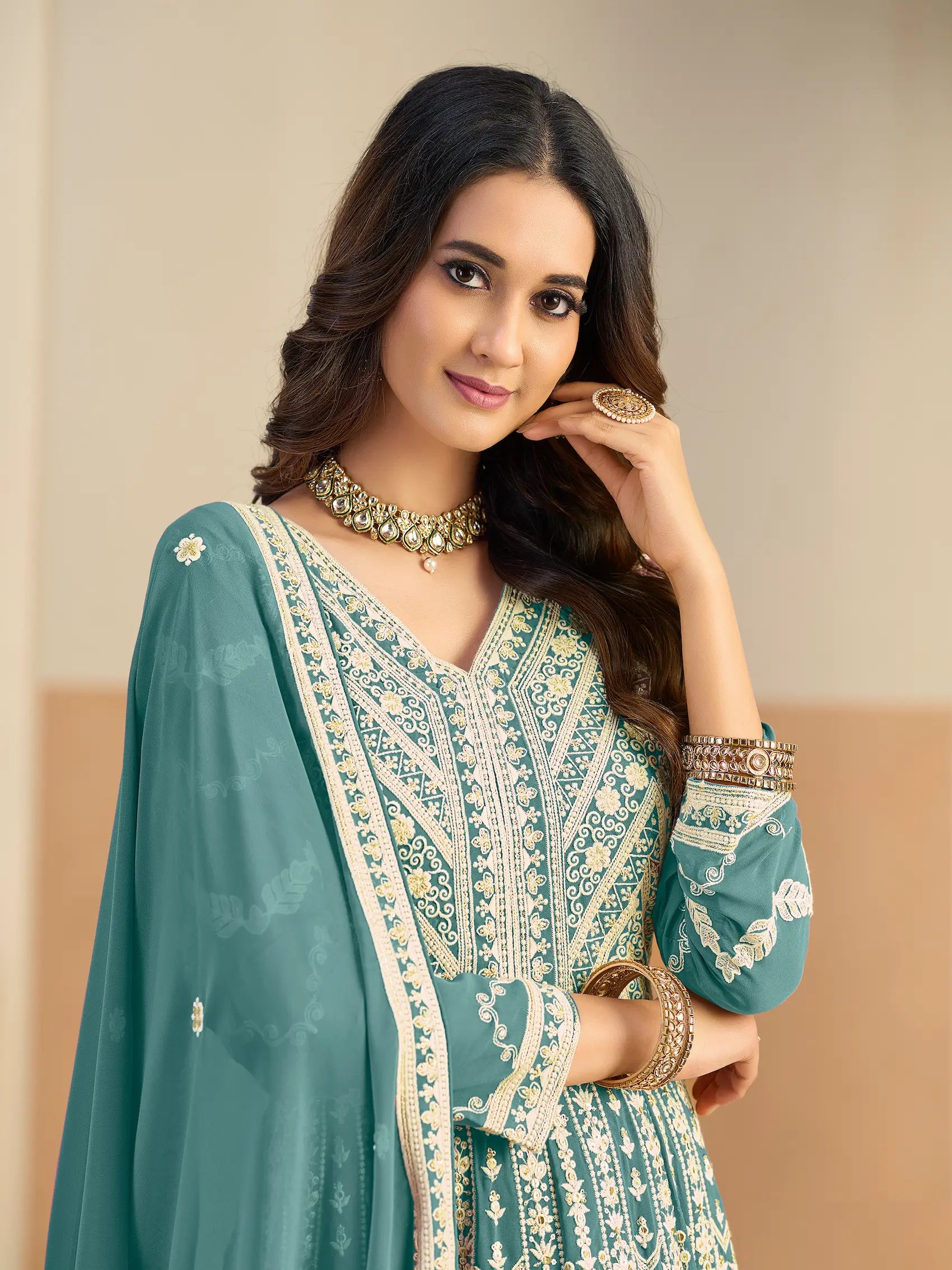 Dusty Teal Georgette Embroidery Gown
