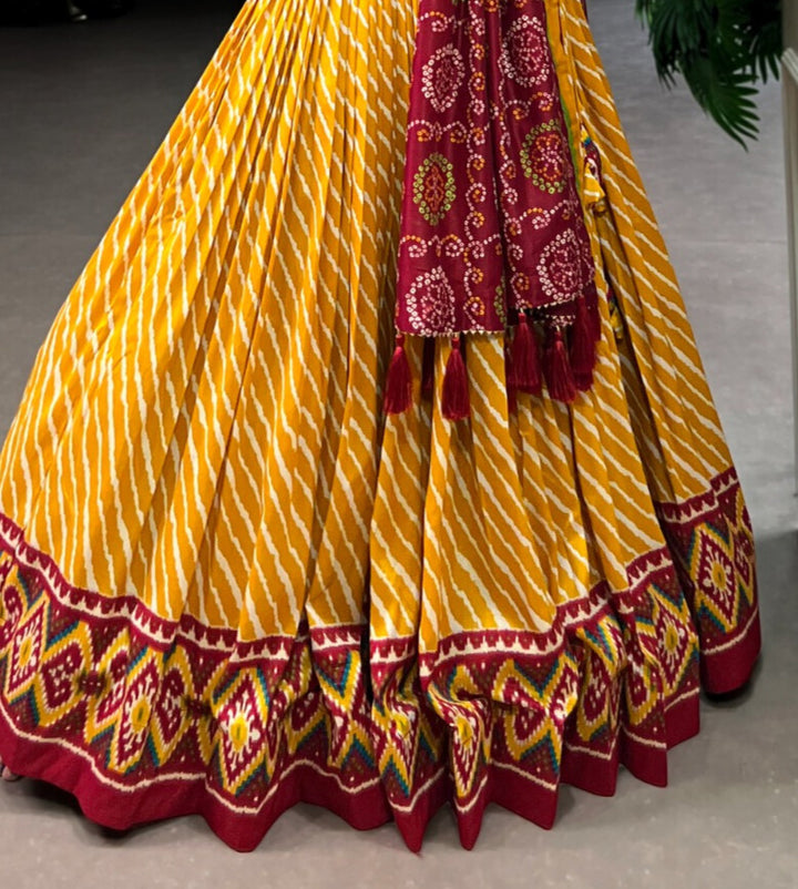 Yellow Tussar Silk Leheriya With Patola Print Border