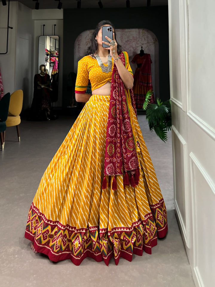 Yellow Tussar Silk Leheriya With Patola Print Border