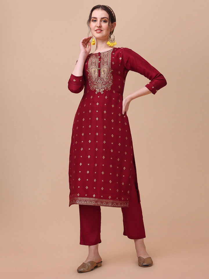 Maroon Jacquard Kurta Suit Set by Qivii