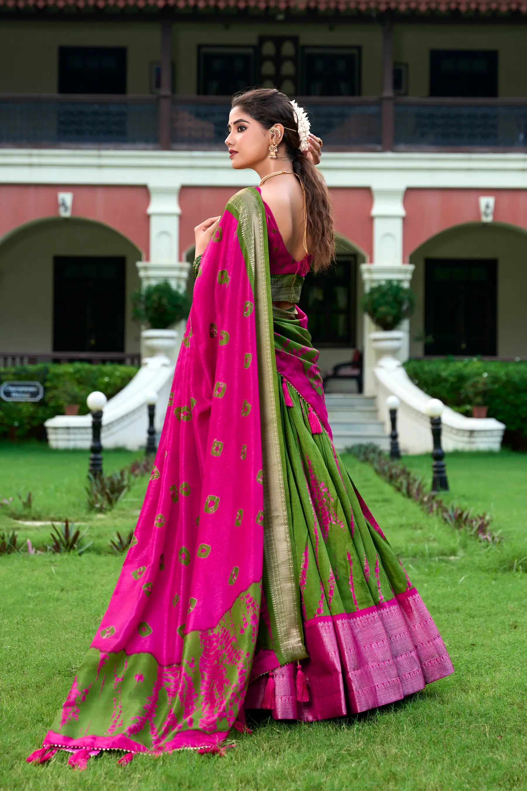 Pink & Green Dola Silk Lehenga Choli With Shibori Print & Zari Weaving Border | Ready To Wear - qivii