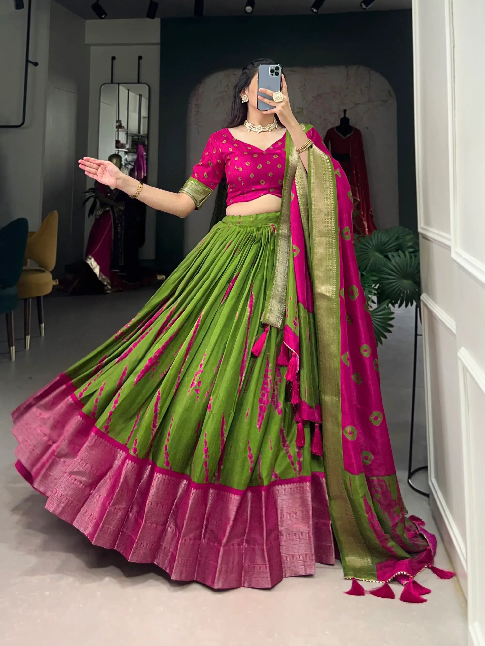 Pink & Green Dola Silk Lehenga Choli With Shibori Print & Zari Weaving Border | Ready To Wear - qivii