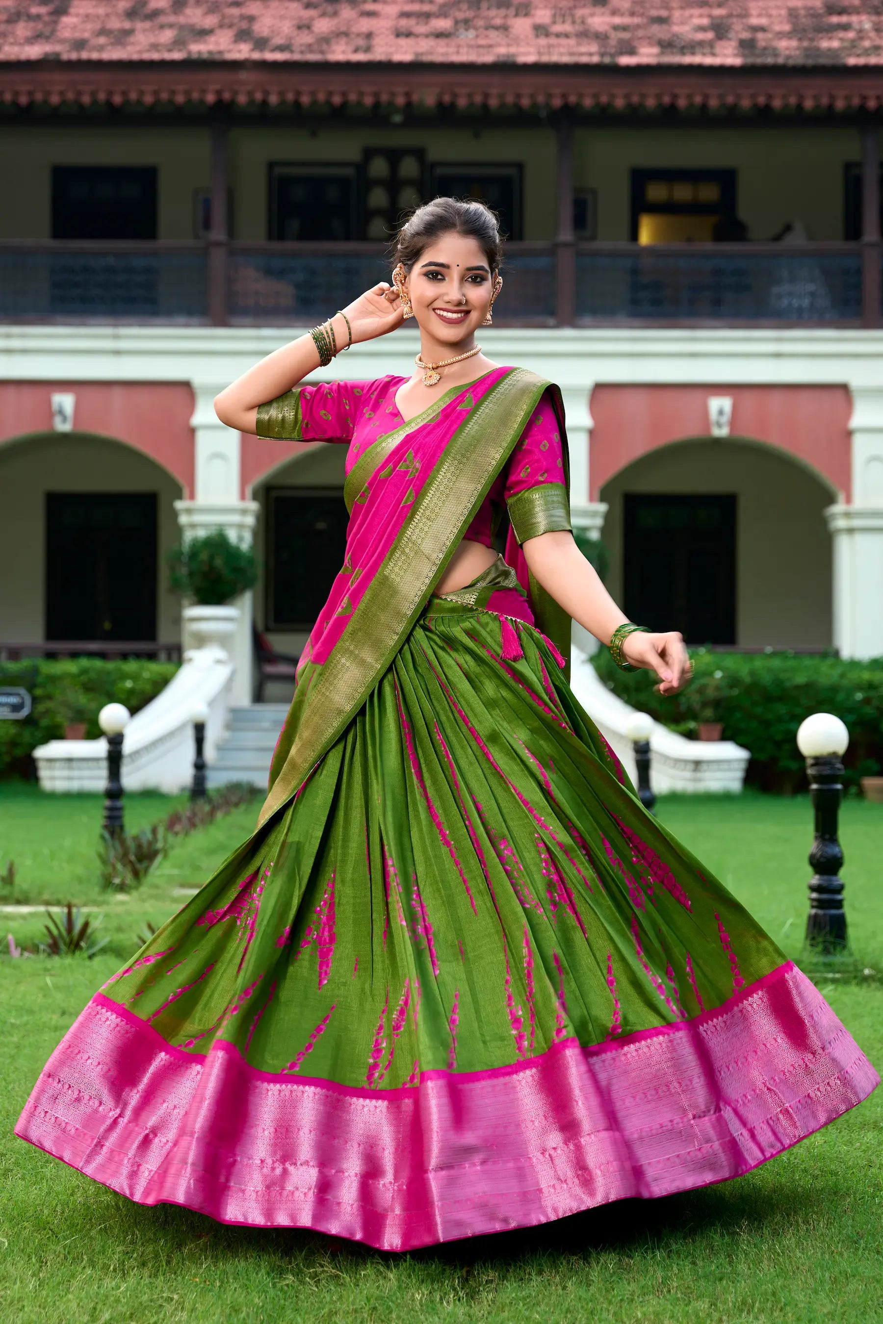 Pink & Green Dola Silk Lehenga Choli With Shibori Print & Zari Weaving Border | Ready To Wear - qivii