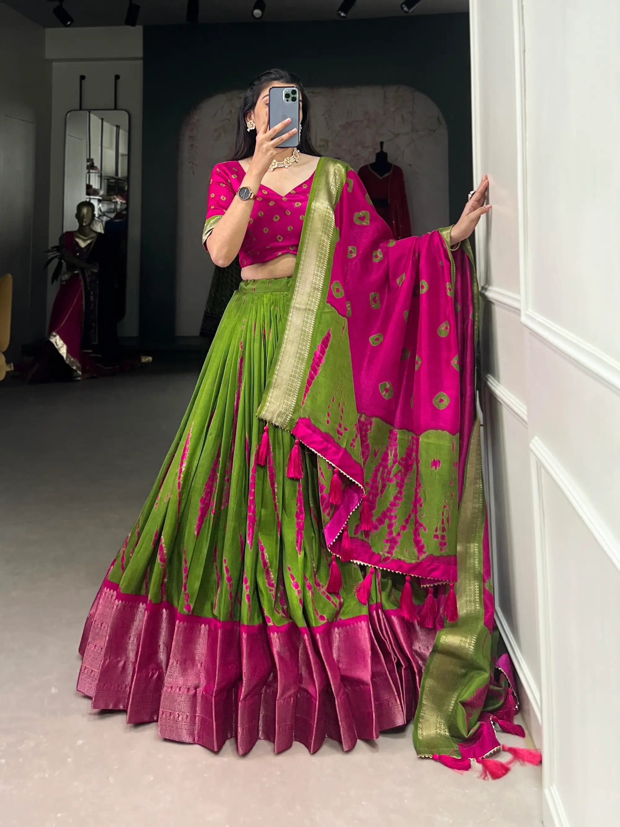 Pink & Green Dola Silk Lehenga Choli With Shibori Print & Zari Weaving Border | Ready To Wear - qivii