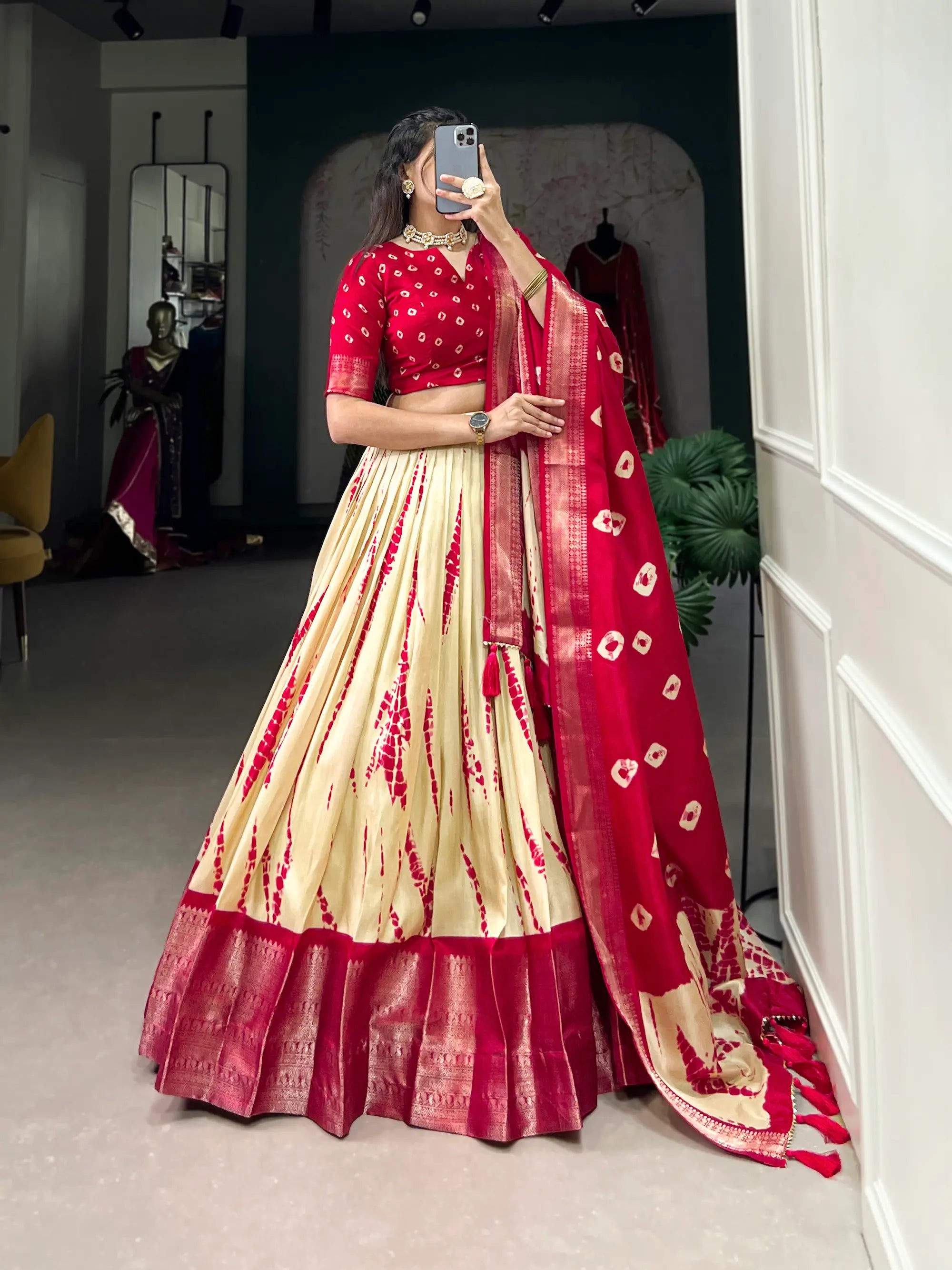 Red & Beige Dola Silk Lehenga Choli With Shibori Print & Zari Weaving Border | Ready To Wear - qivii