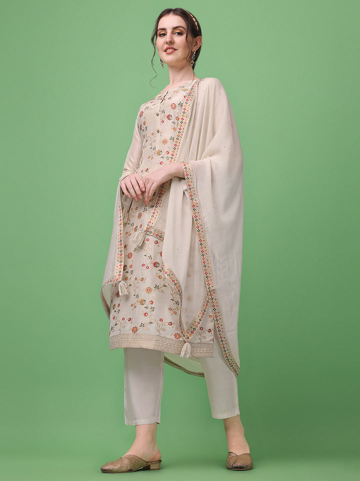 Cream Meena Jacquard Kurta Suit Set by Qivii