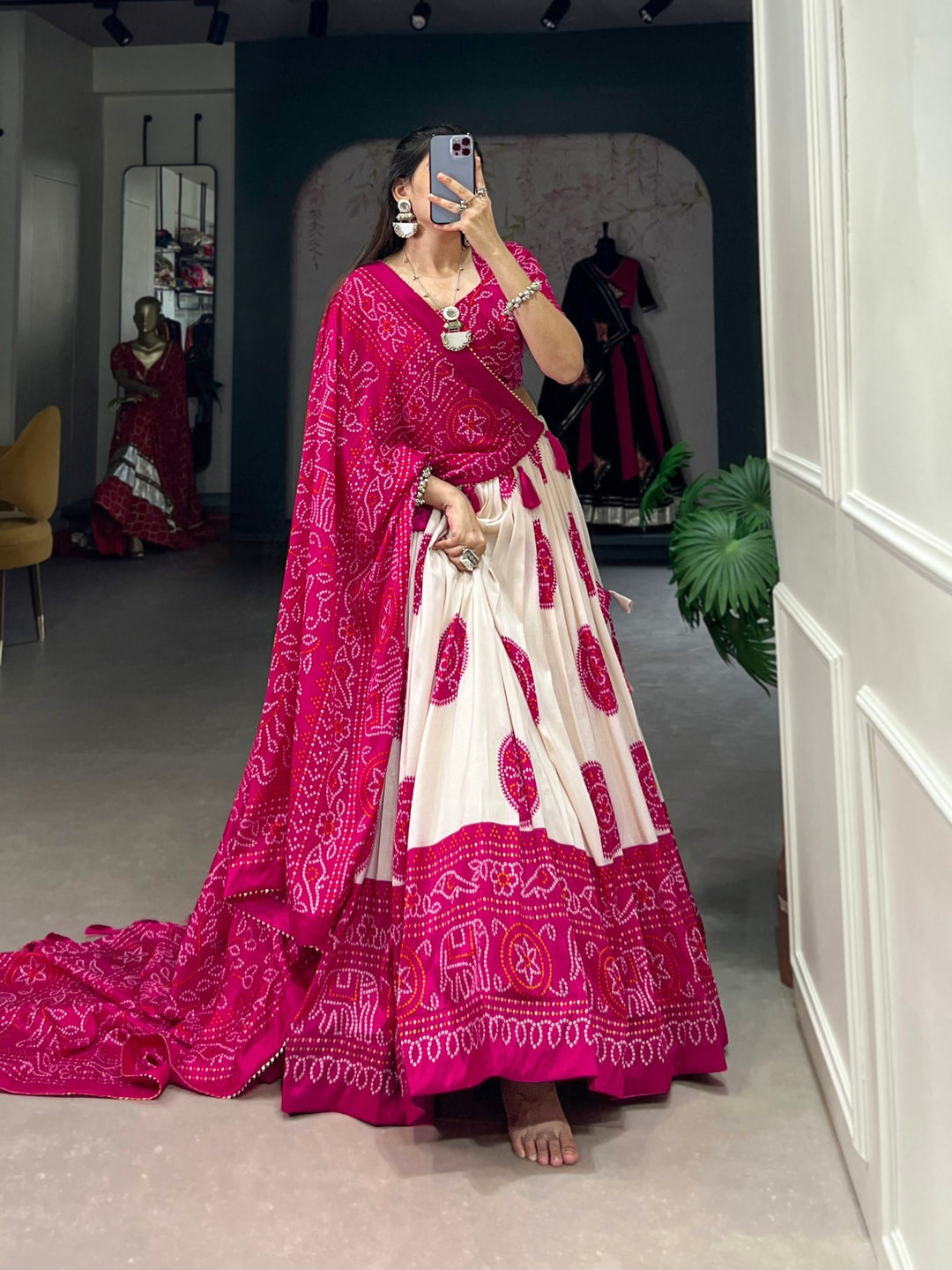  Beautiful pink Tussar silk lehenga choli with intricate Bandhej print and matching dupatta