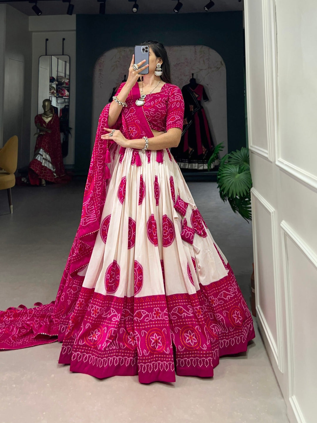  Elegant and stylish pink Tussar silk Bandhej print lehenga choli ensemble for special occasions