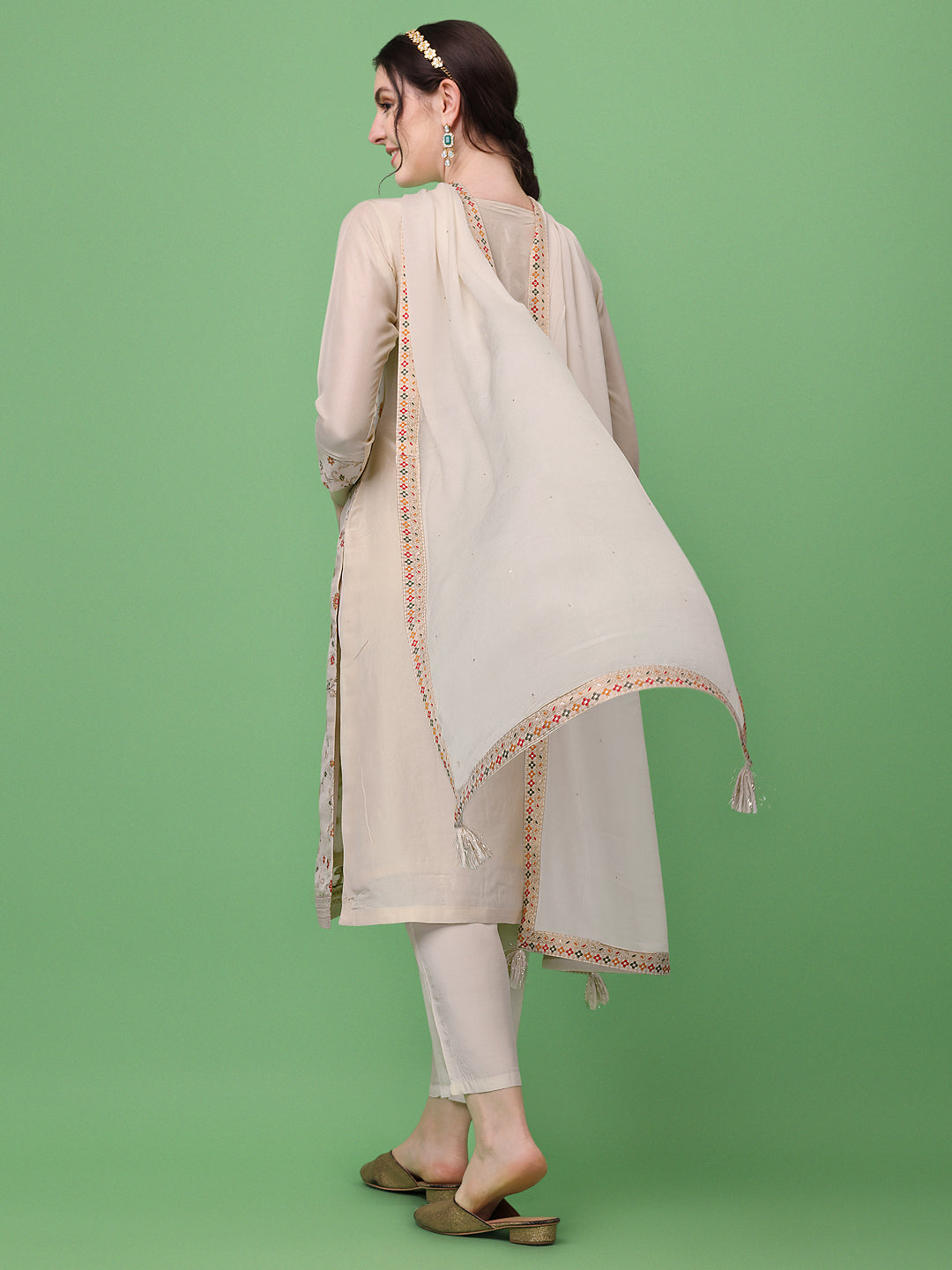 Cream Meena Jacquard Kurta Suit Set by Qivii