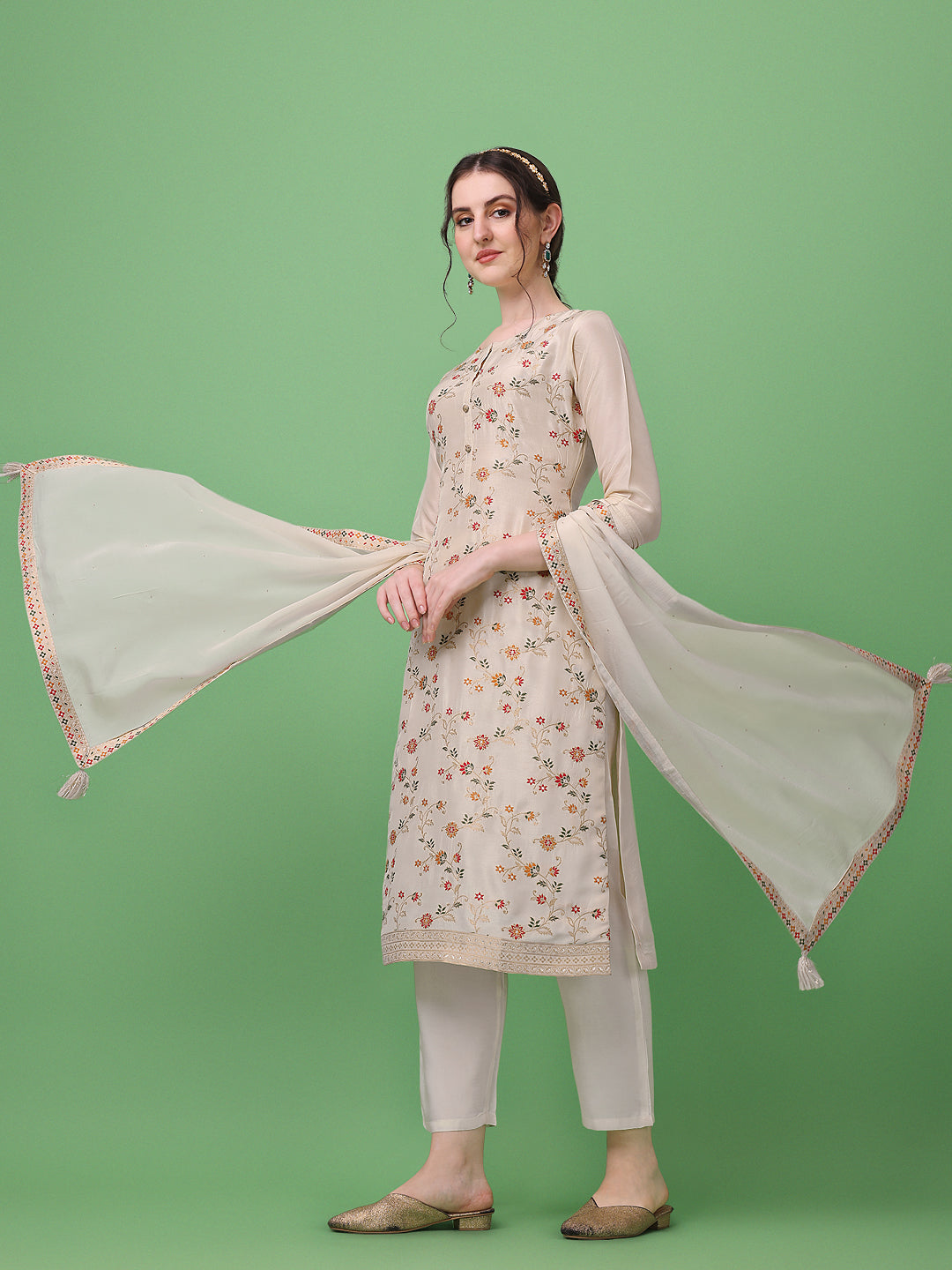 Cream Meena Jacquard Kurta Suit Set by Qivii