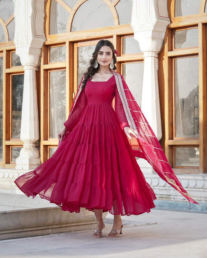 Rani Pink Color Five layer Georgette Anarkali Gown With Dupatta  - By Qivii