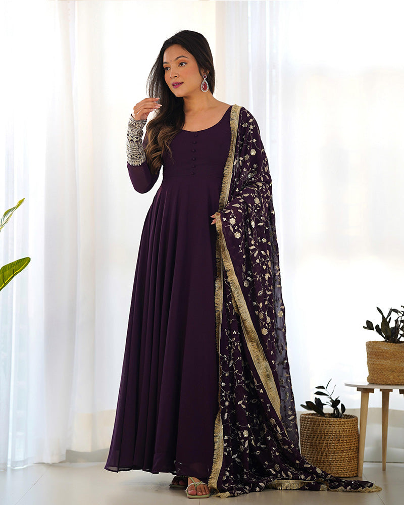 Wine Color Soft Georgette With Heavy Embroidery Work Dupatta Anarkali Suit  - By Qivii