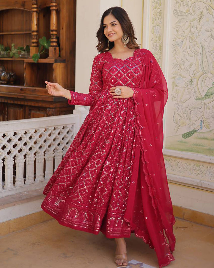 Pink Color Designer Anarkali Gown With Dupatta  - By Qivii