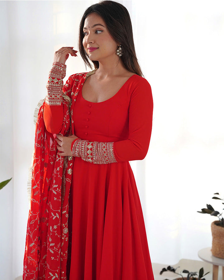 Red Color Soft Georgette Anarkali Gown With Heavy Embroidery Work Dupatta  - By Qivii