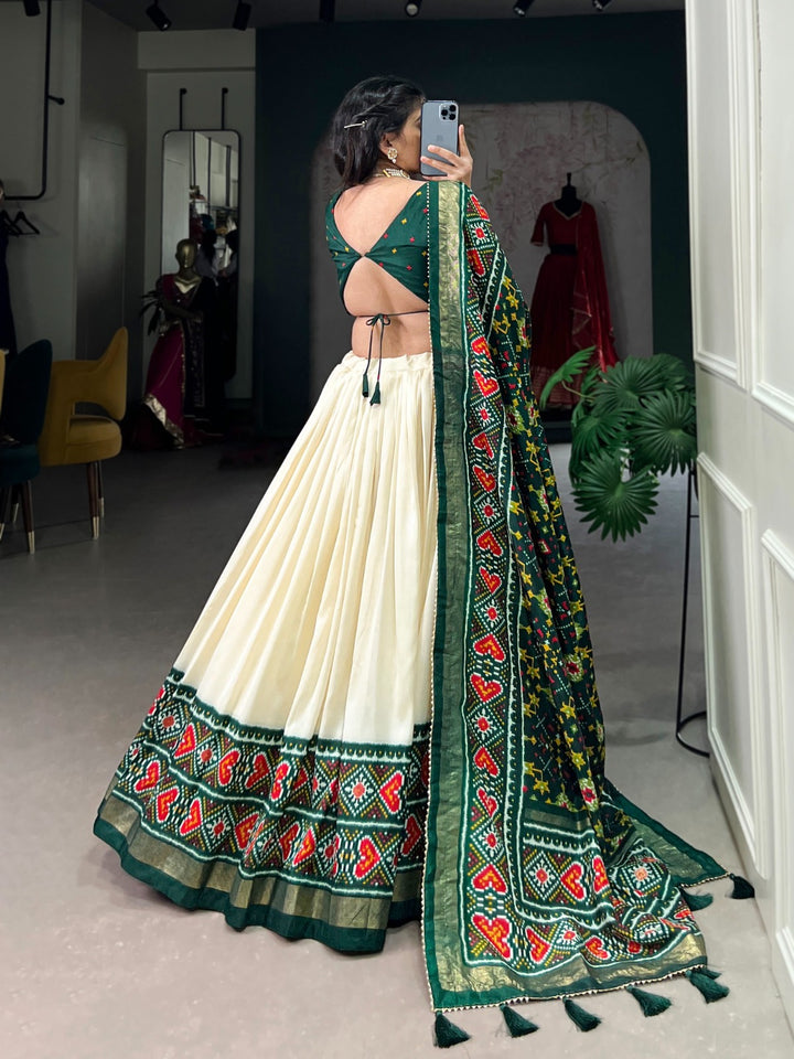 Green Color Tussar Silk Patola Print Lehenga Choli