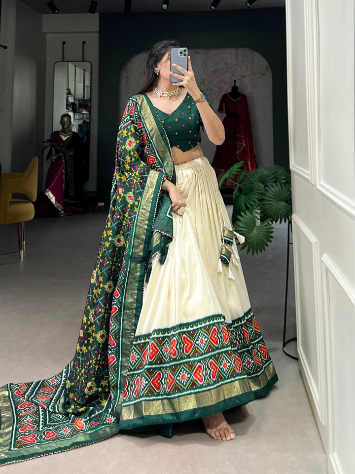 Green Color Tussar Silk Patola Print Lehenga Choli