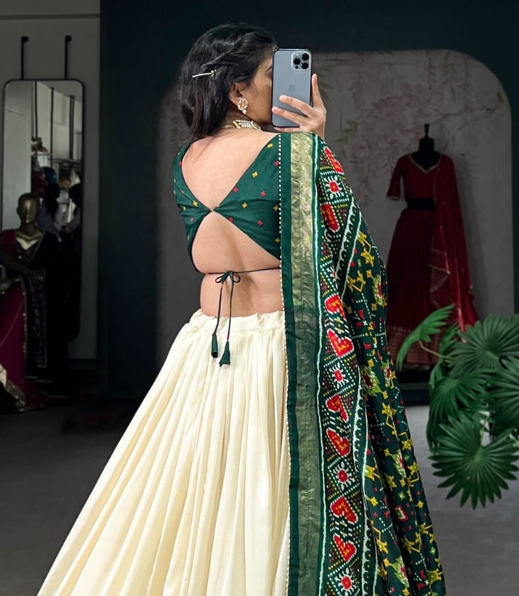 Green Color Tussar Silk Patola Print Lehenga Choli