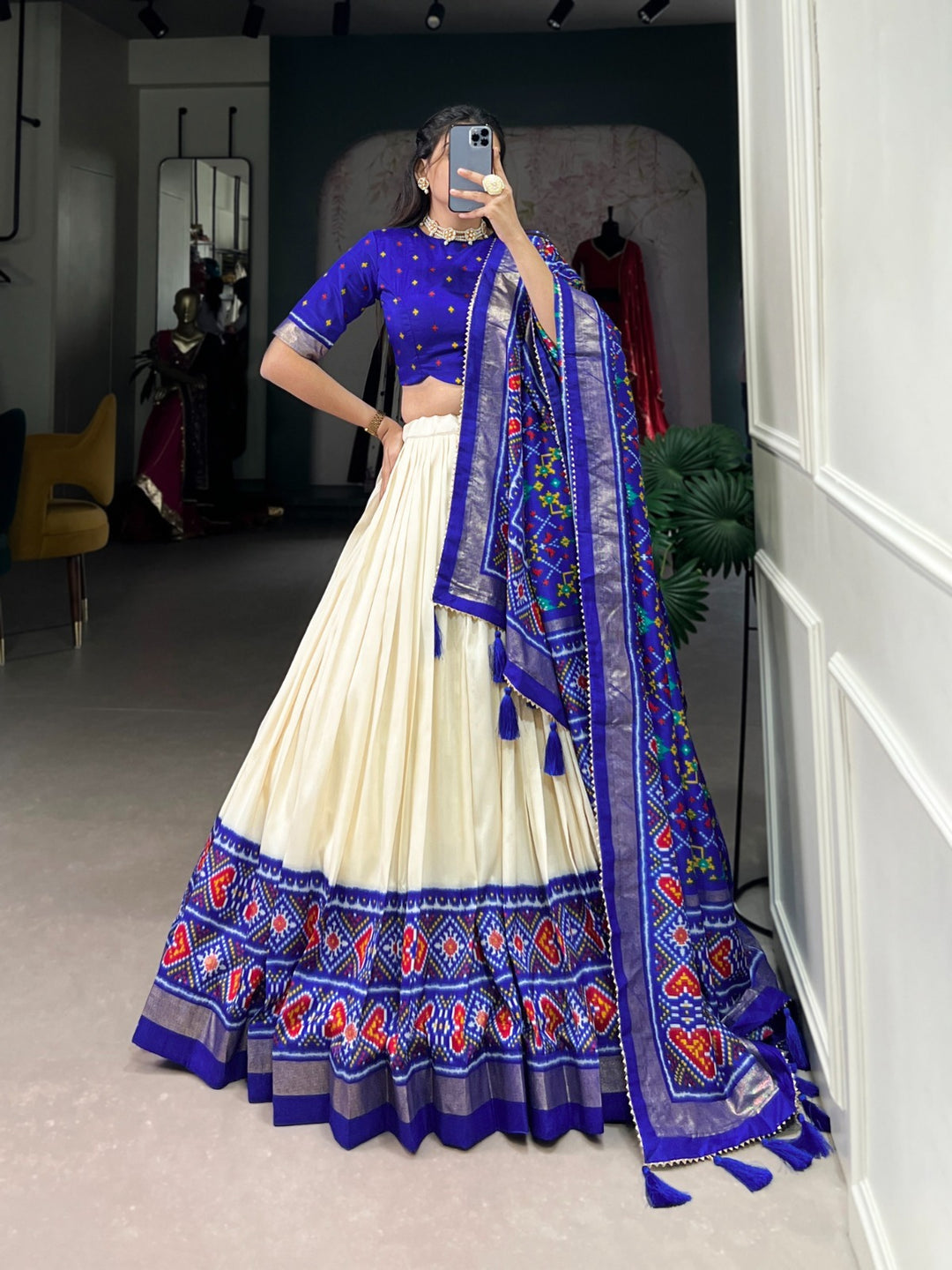 Blue Color Tussar Silk Patola Print Lehenga Choli