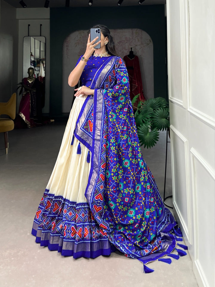 Blue Color Tussar Silk Patola Print Lehenga Choli