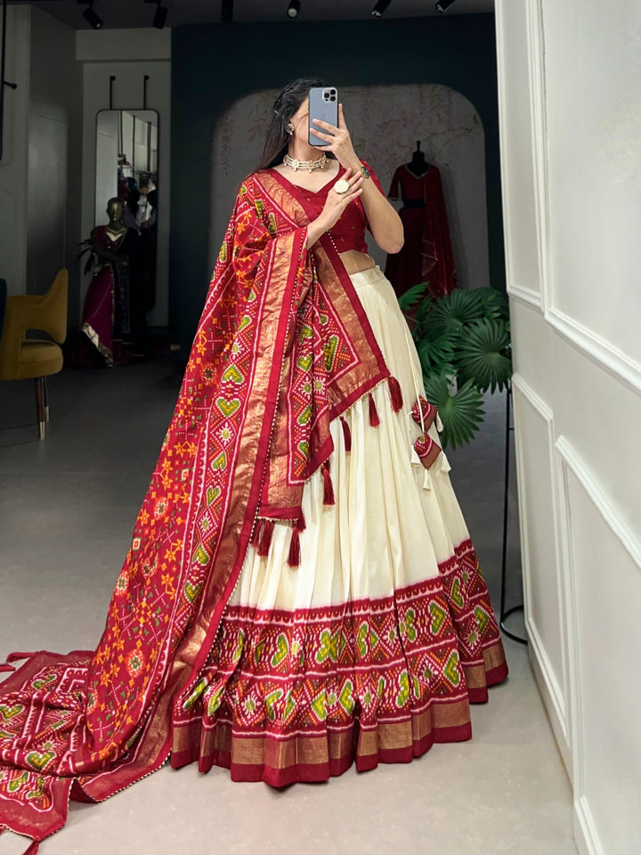 Red Color Tussar Silk Patola Print Lehenga Choli