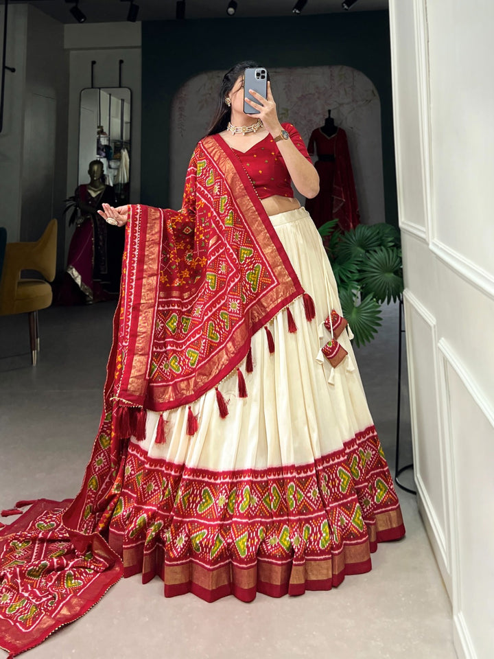 Red Color Tussar Silk Patola Print Lehenga Choli