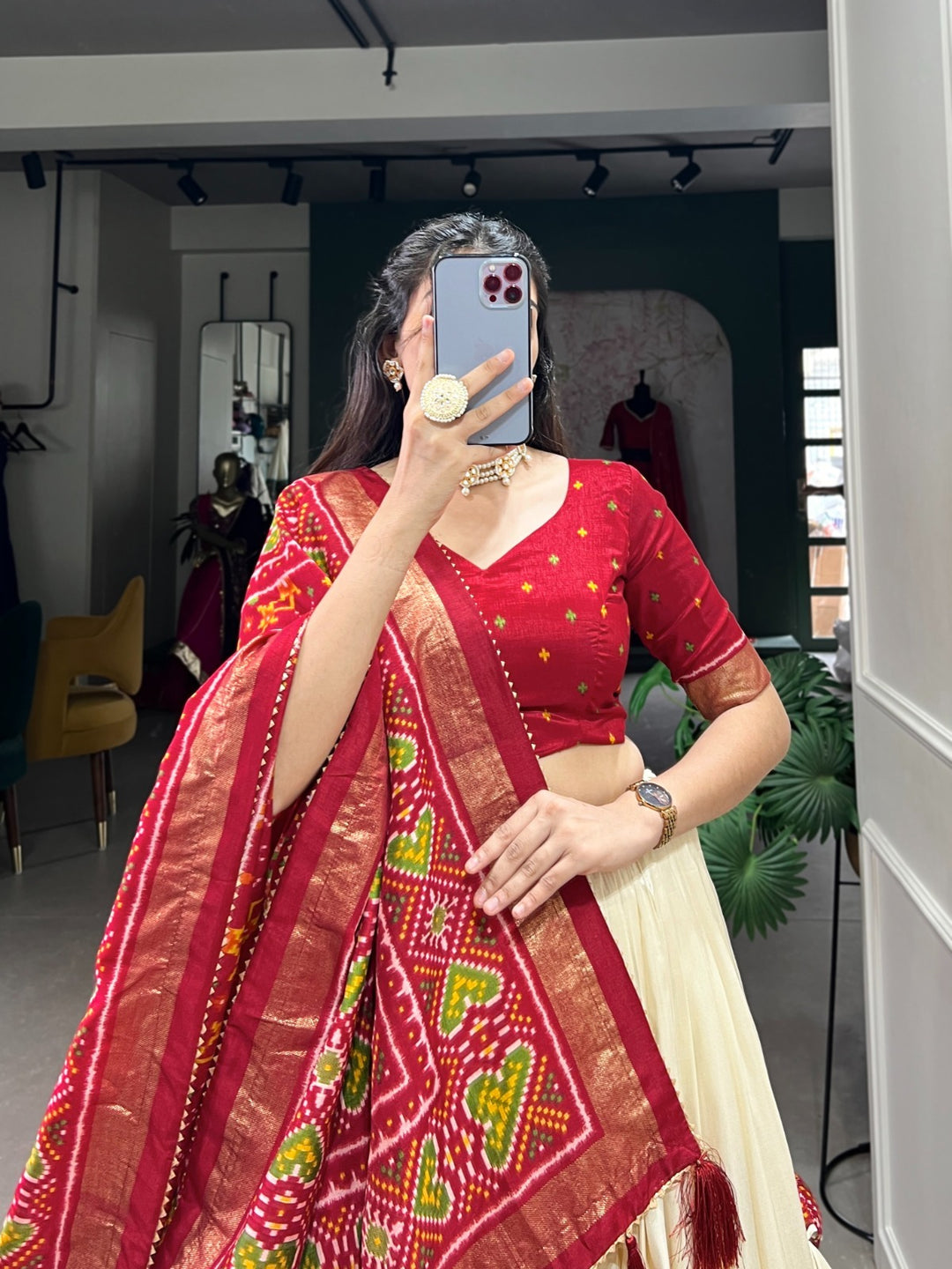 Red Color Tussar Silk Patola Print Lehenga Choli