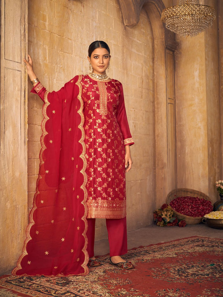 Red Jacquard Kurta Suit Set by Qivii