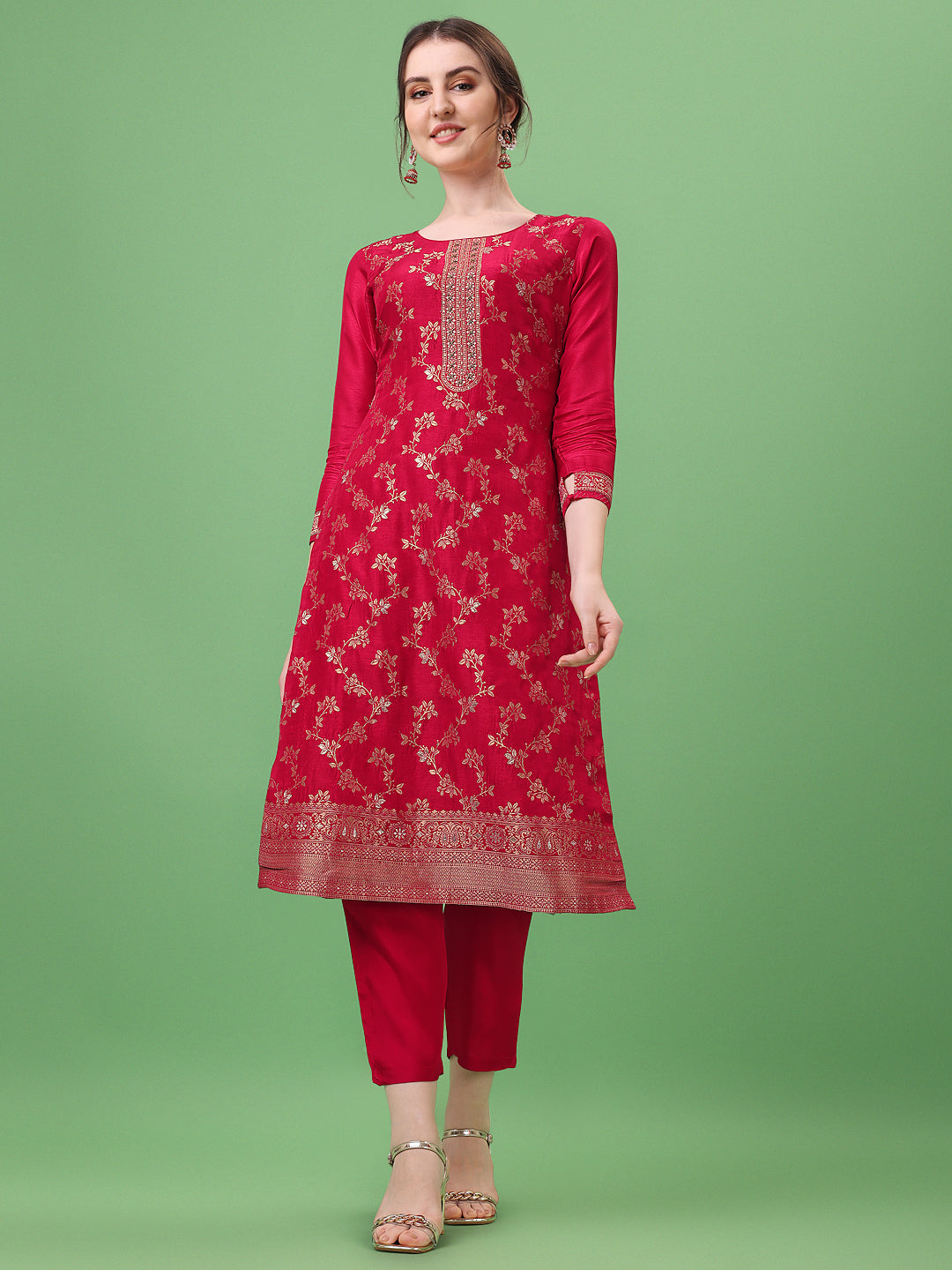 Red Jacquard Kurta Suit Set by Qivii