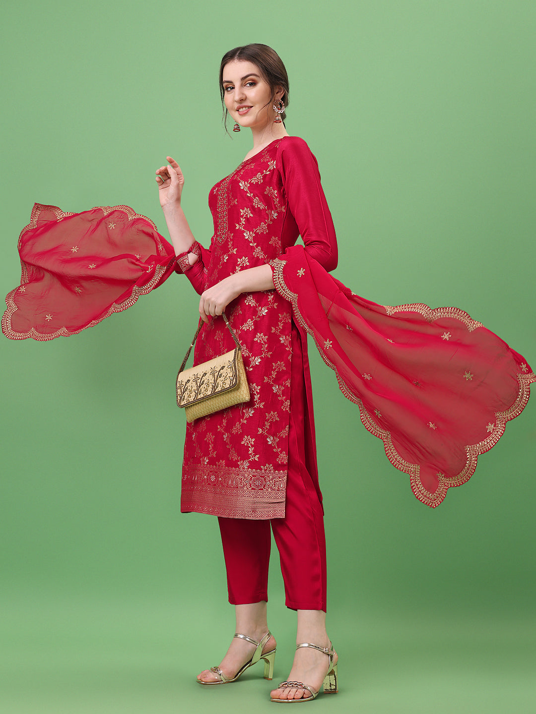 Red Jacquard Kurta Suit Set by Qivii