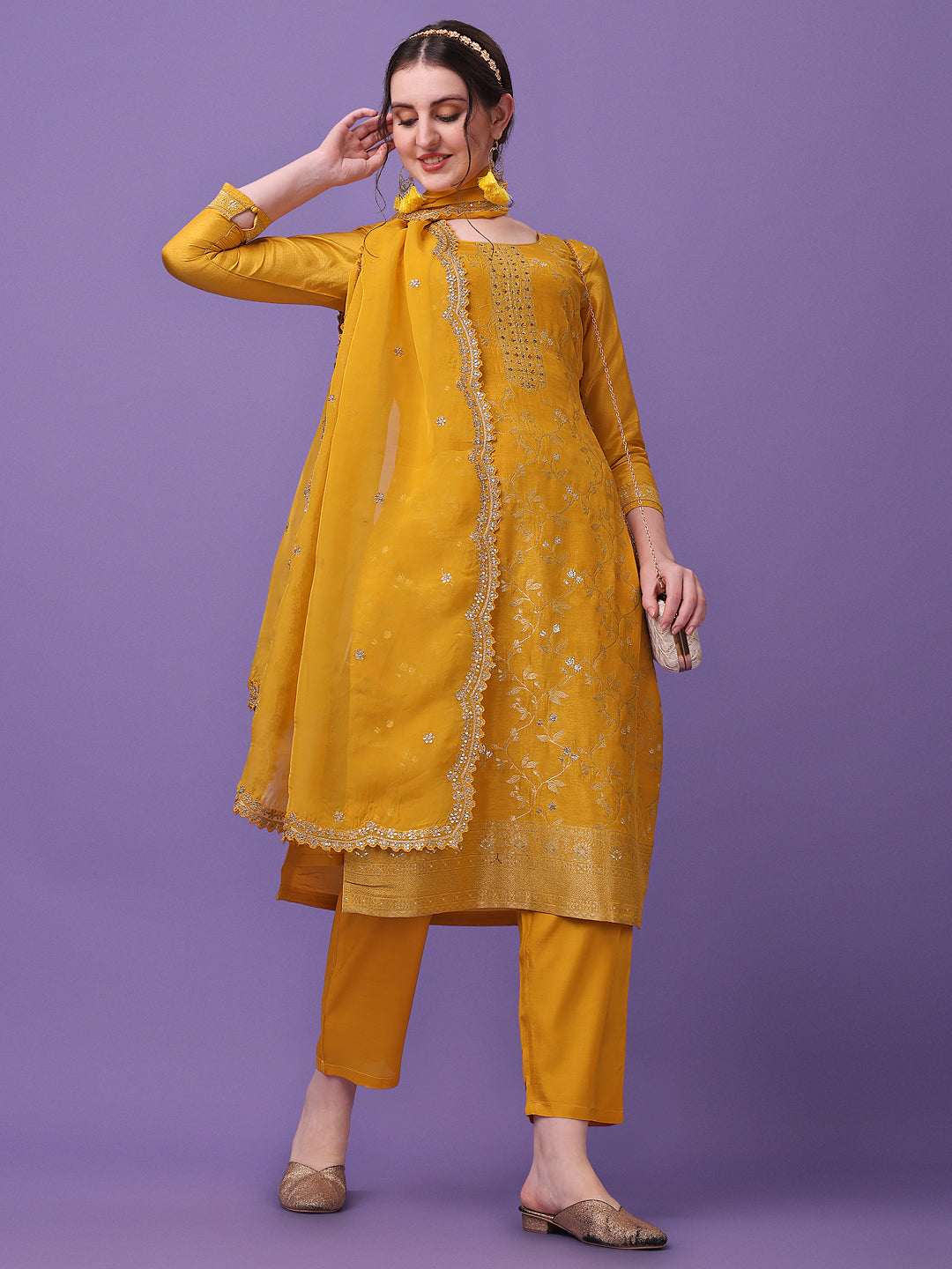 Golden Yellow Jacquard Kurta Suit Set - qivii