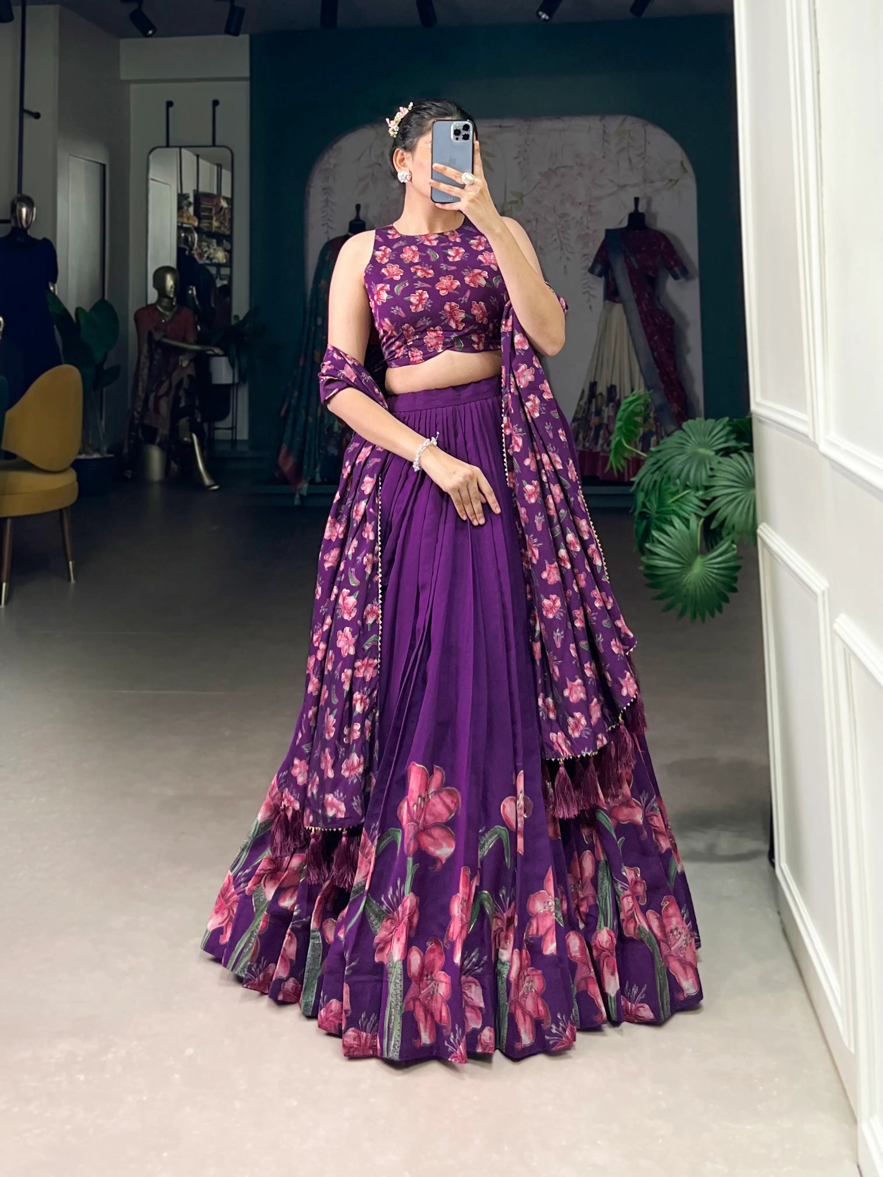 Purple Tussar Silk Floral Printed Lehenga Choli | Ready To Wear - qivii