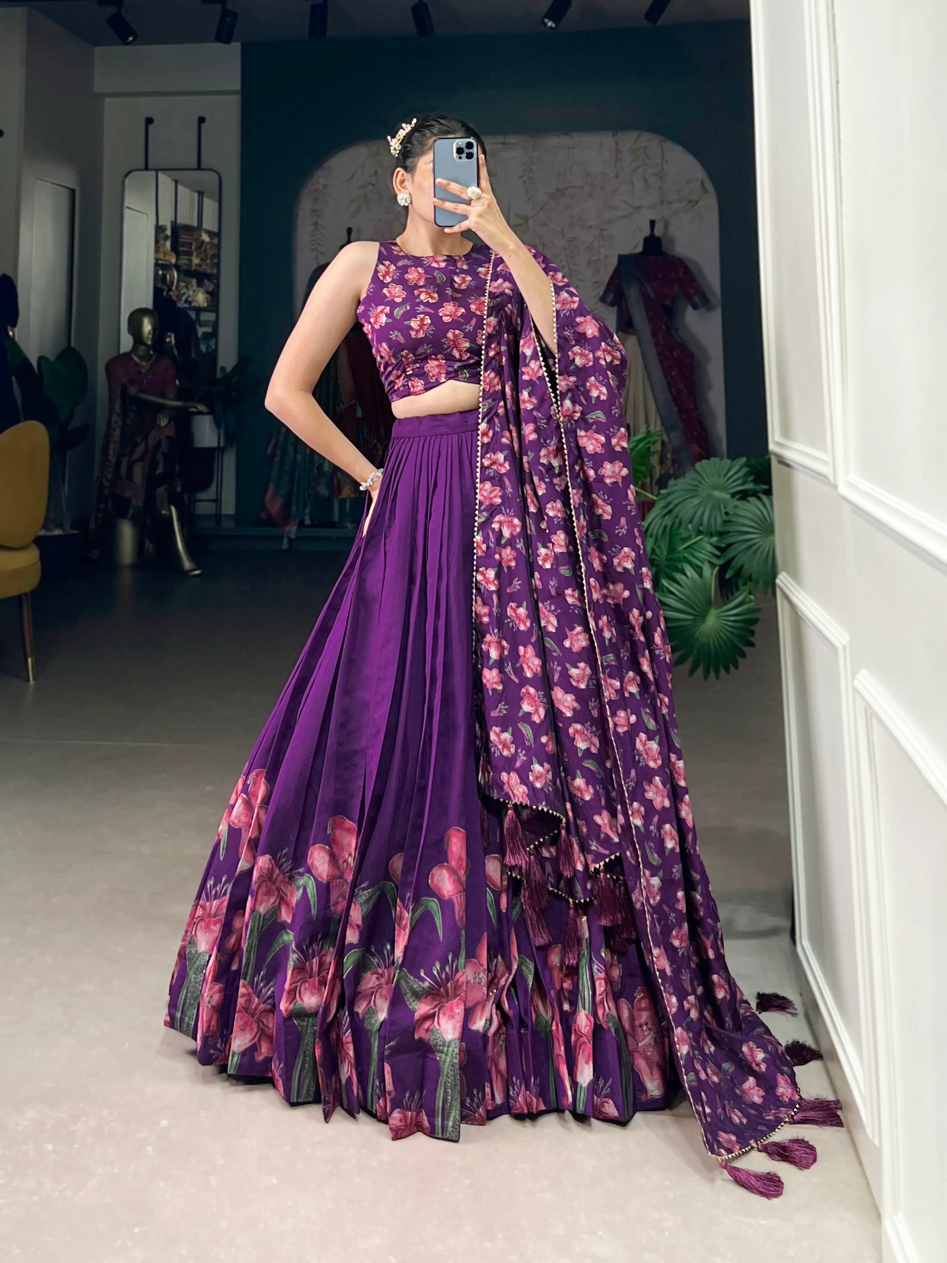 Purple Tussar Silk Floral Printed Lehenga Choli | Ready To Wear - qivii