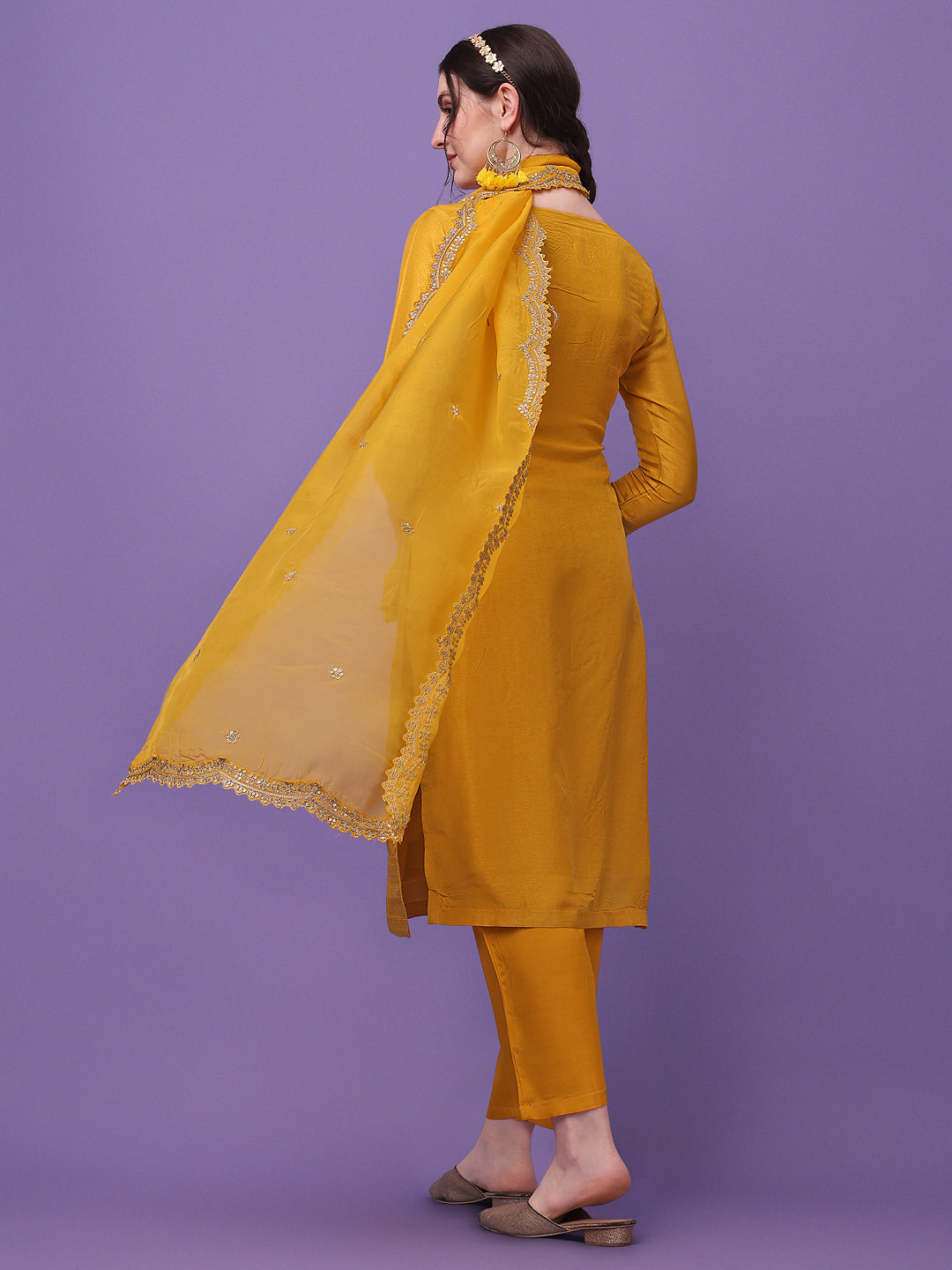Golden Yellow Jacquard Kurta Suit Set - qivii