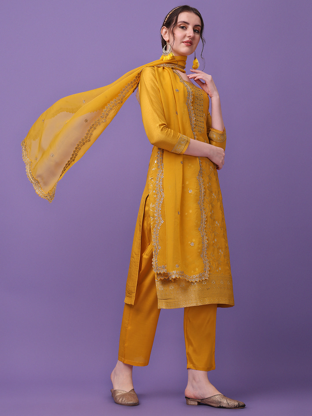 Golden Yellow Jacquard Kurta Suit Set - qivii