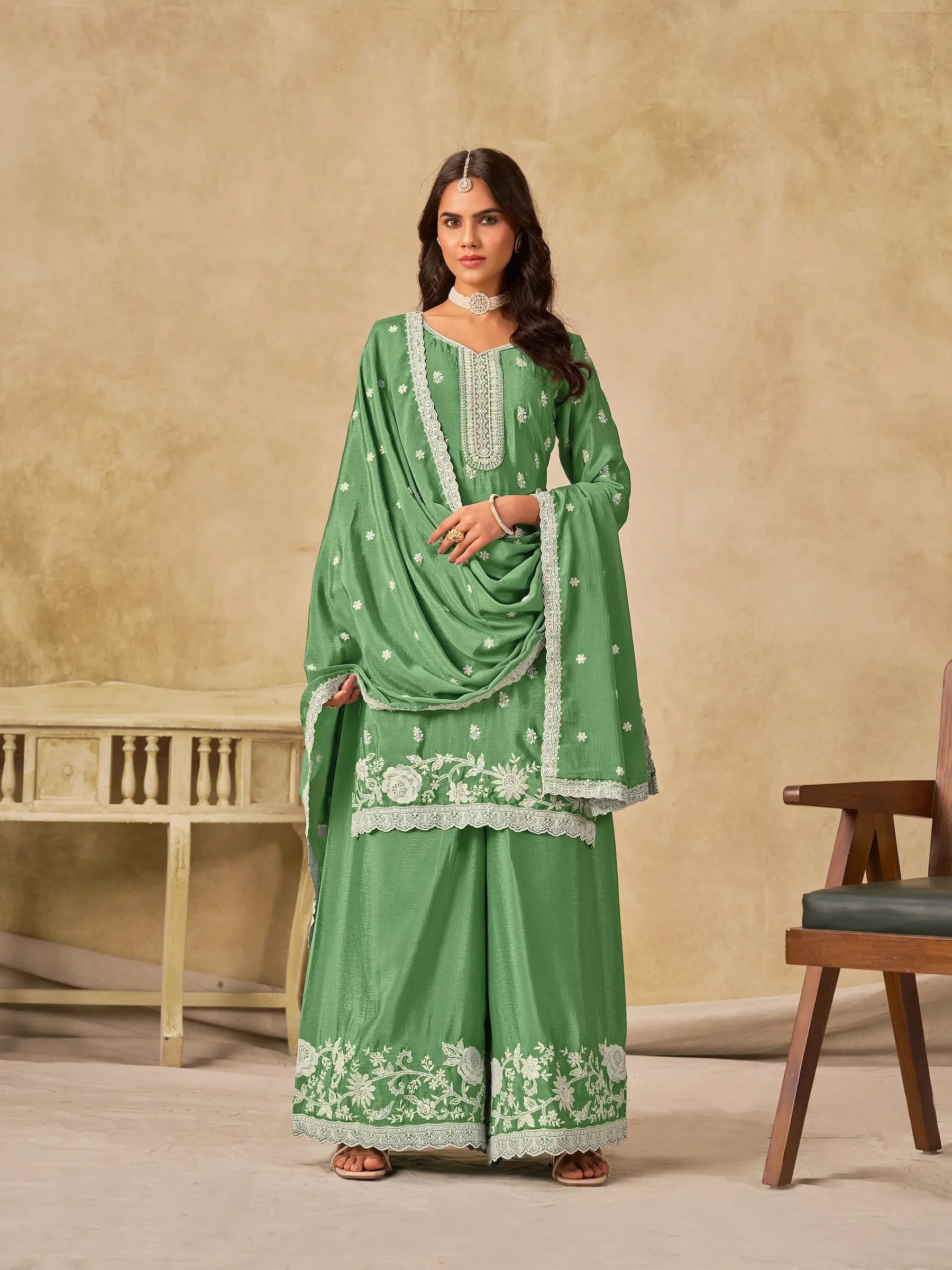 Pista Green Chinon Embroidery Work Palazzo Suit - qivii