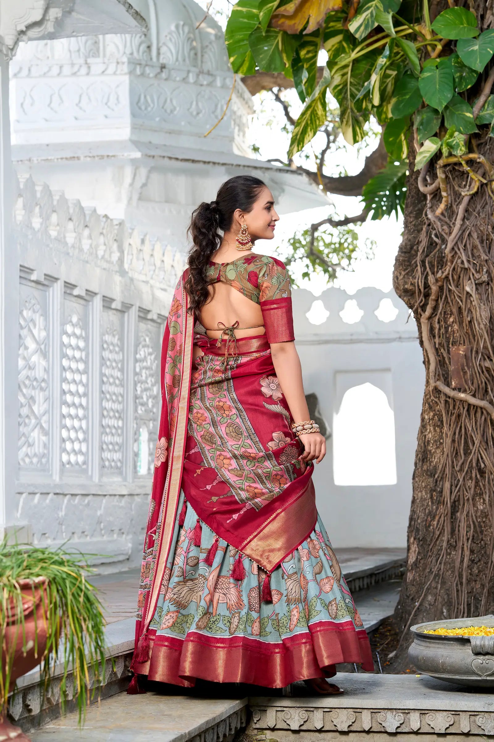 Sea Green dola Silk Kalamkari Printed Lehenga Choli | Ready To Wear - qivii