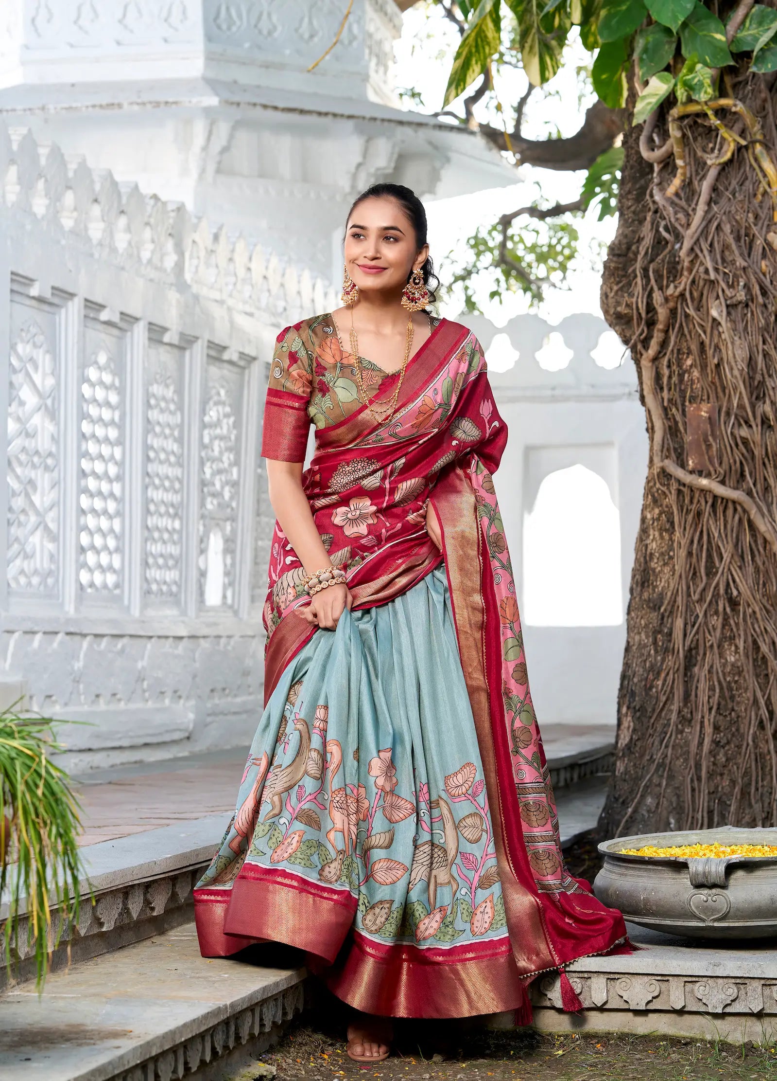 Sea Green dola Silk Kalamkari Printed Lehenga Choli | Ready To Wear - qivii