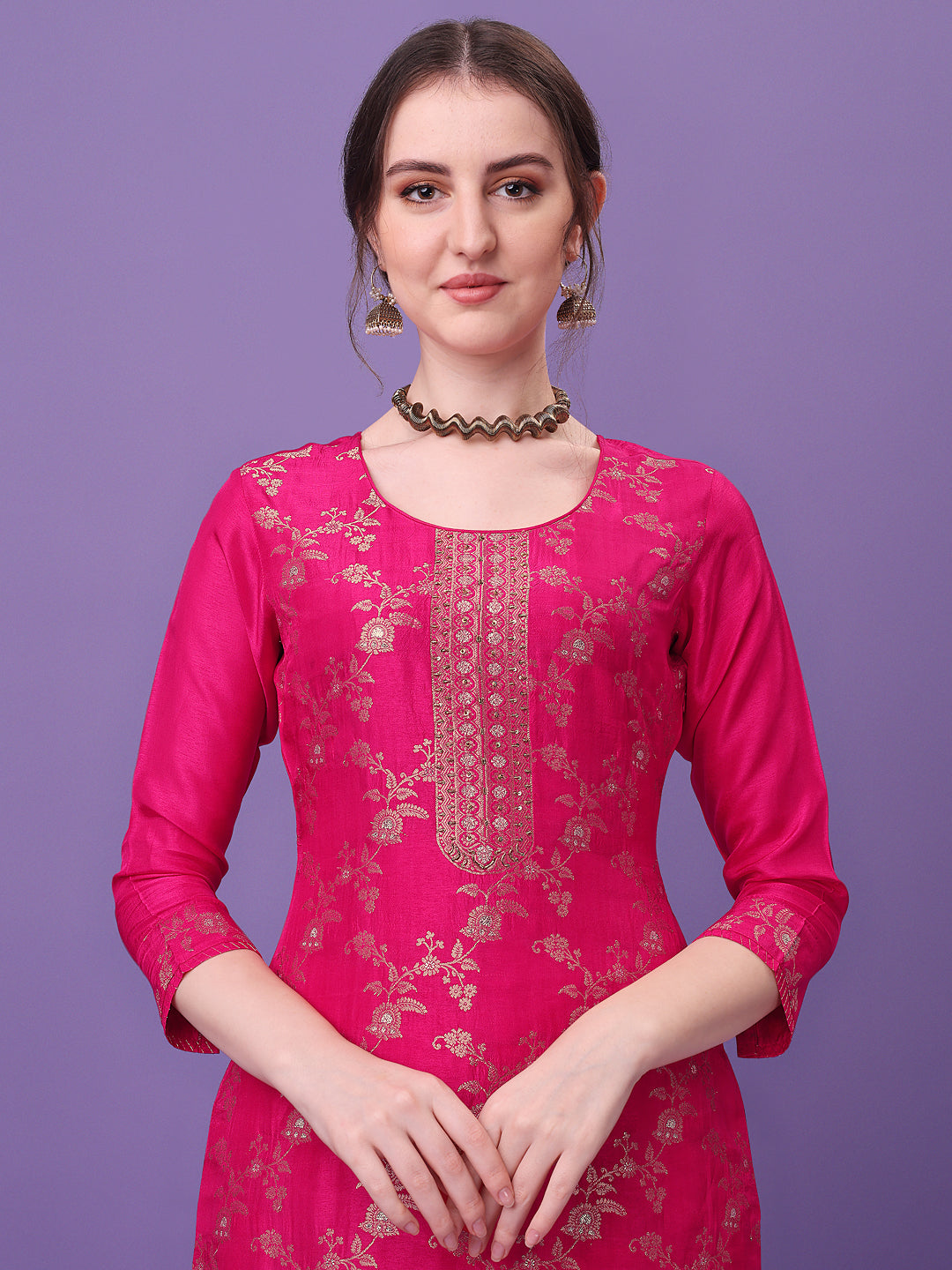 Pink Jacquard Kurta Suit Set by Qivii